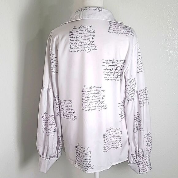 White Cardigan Longsleeve Blouse with Script Lettering, Button Accents, Size XL - Picture 10 of 13
